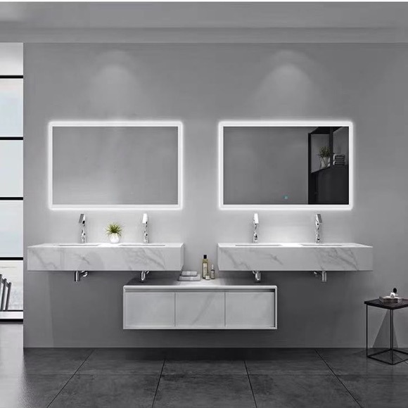 White rock plate double sink bathroom cabinet